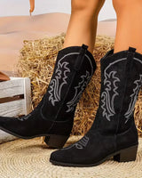 Mid-calf western cowgirl boot with embellished embroidery and stacked block heel, side view