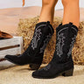 Mid-calf western cowgirl boot with embellished embroidery and stacked block heel, side view