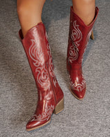 Western Women's Knee-High Boots with Block Heel and Embroidered Shaft