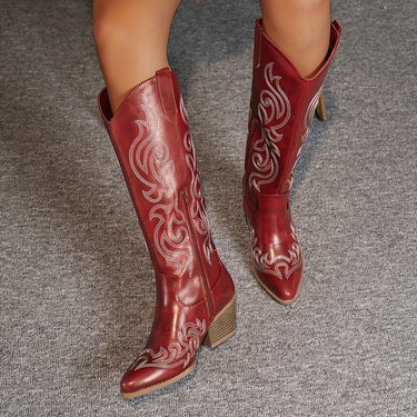 Western Women's Knee-High Boots with Block Heel and Embroidered Shaft