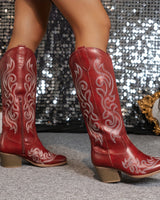 Western Women's Knee-High Boots with Block Heel and Embroidered Shaft