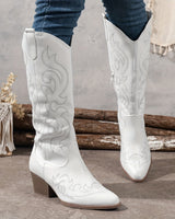 Western Women's Knee-High Boots with Block Heel and Embroidered Shaft