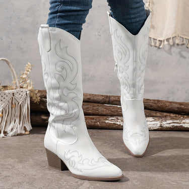 Western Women's Knee-High Boots with Block Heel and Embroidered Shaft