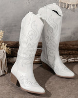 Western Women's Knee-High Boots with Block Heel and Embroidered Shaft