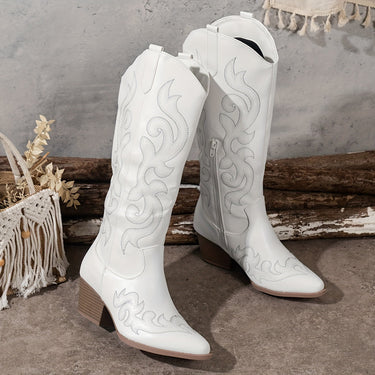 Western Women's Knee-High Boots with Block Heel and Embroidered Shaft