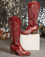 Western Women's Knee-High Boots with Block Heel and Embroidered Shaft