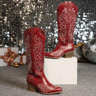 Western Women's Knee-High Boots with Block Heel and Embroidered Shaft