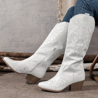Western Women's Knee-High Boots with Block Heel and Embroidered Shaft