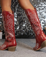 Western Women's Knee-High Boots with Block Heel and Embroidered Shaft