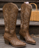 Western Women's Knee-High Boots with Block Heel and Embroidered Shaft