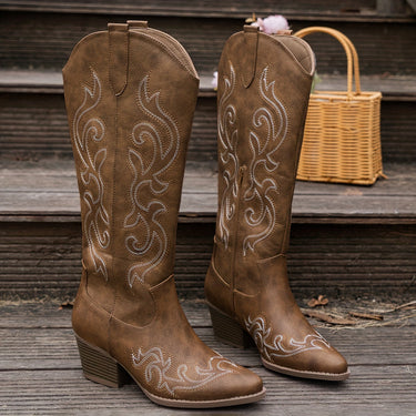 Western Women's Knee-High Boots with Block Heel and Embroidered Shaft