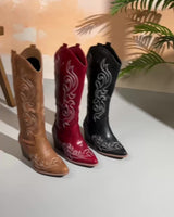 Western Women's Knee-High Boots with Block Heel and Embroidered Shaft