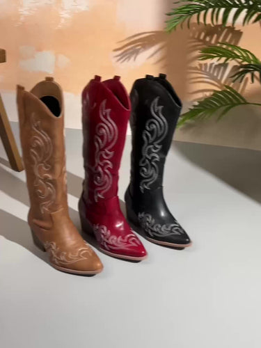 Western Women's Knee-High Boots with Block Heel and Embroidered Shaft