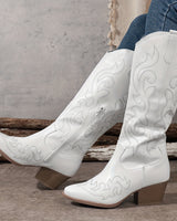 Western Women's Knee-High Boots with Block Heel and Embroidered Shaft
