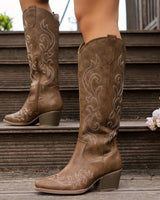 Close-up of embroidery detail along the shaft of western knee-high boots