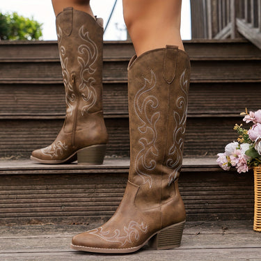 Close-up of embroidery detail along the shaft of western knee-high boots