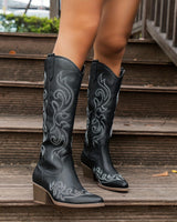 Overhead view of pointed toe cowboy boots laid flat