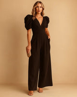 Wide-Leg Jumpsuit with Puff Sleeves and V-Neck