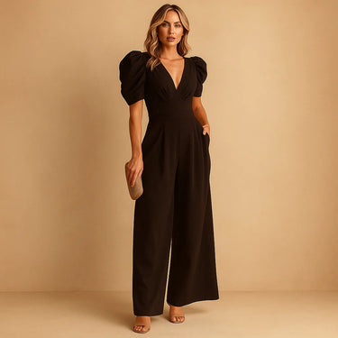 Wide-Leg Jumpsuit with Puff Sleeves and V-Neck