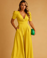 Wide-Leg Jumpsuit with Puff Sleeves and V-Neck
