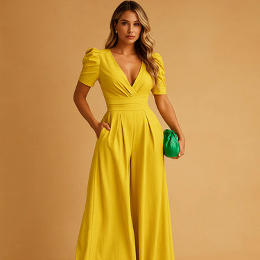 Wide-Leg Jumpsuit with Puff Sleeves and V-Neck