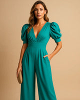 Wide-Leg Jumpsuit with Puff Sleeves and V-Neck