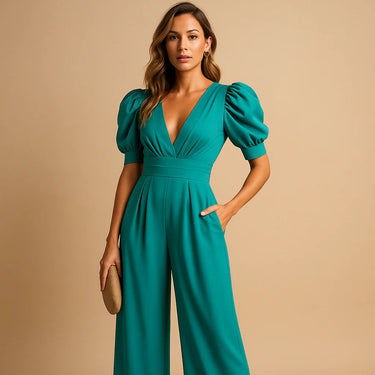 Wide-Leg Jumpsuit with Puff Sleeves and V-Neck