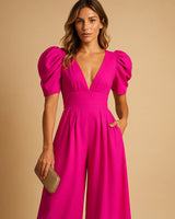 Wide-Leg Jumpsuit with Puff Sleeves and V-Neck