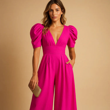 Wide-Leg Jumpsuit with Puff Sleeves and V-Neck