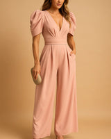 Wide-Leg Jumpsuit with Puff Sleeves and V-Neck