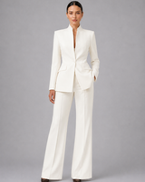 Rear view of the blazer and wide-leg trousers co-ord set