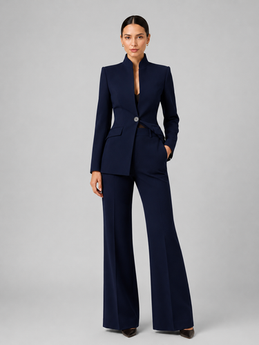 Model wearing the full co-ord set styled for a formal occasion