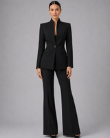 Front view of the collarless blazer and wide-leg trousers co-ord set worn together