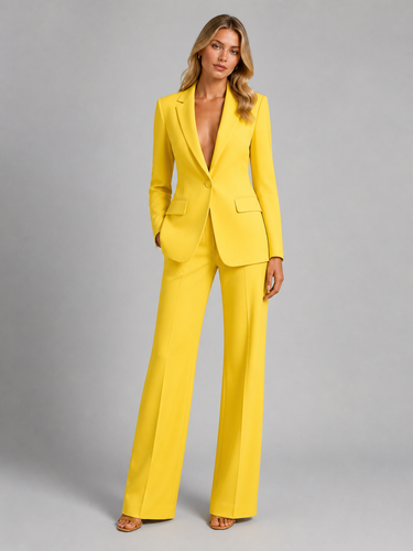 Three-quarter view showing the full-length trouser cut and jacket fit