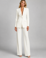 Front view of a tailored blazer and wide-leg trousers two-piece set