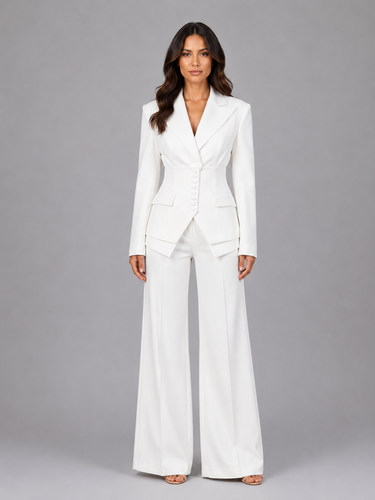 Detail shot of the cinched waist on the structured blazer