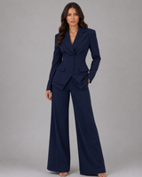 Close-up of the wide leg trousers hem and clean cut