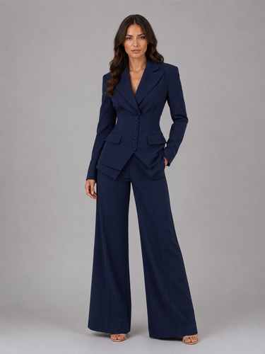 Close-up of the wide leg trousers hem and clean cut