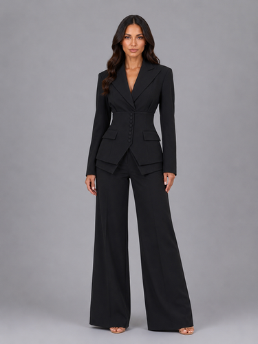 Full-length view of the complete three-piece set styled together