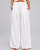 Back view of wide leg trousers showing the full-length hem