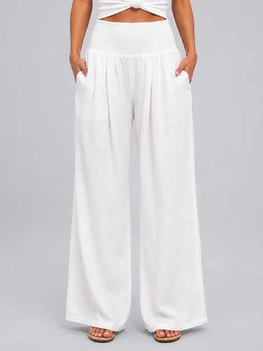Back view of wide leg trousers showing the full-length hem