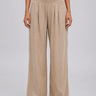 Front view of wide leg trousers with smocked waistband and front pleat detail