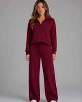 Model wearing the full two-piece lounge set in a casual setting