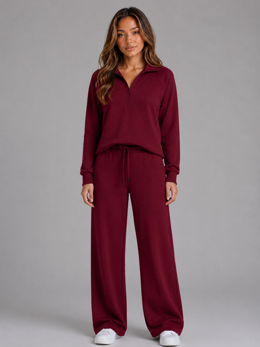 Model wearing the full two-piece lounge set in a casual setting