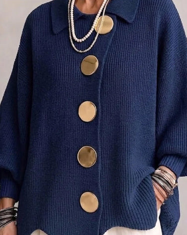 Three-quarter view of the cardigan showing the regular fit and sleeve shape