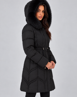 Close-up of the faux fur hood trim and zip fastening at the neckline