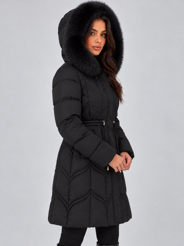 Close-up of the faux fur hood trim and zip fastening at the neckline