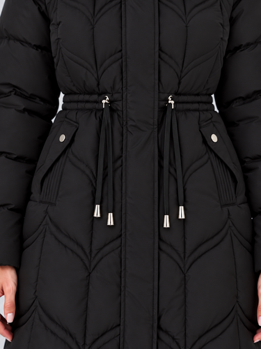 Detail shot of the front pockets on the quilted puffer coat