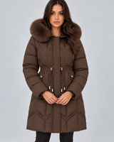 Rear view of the longline puffer coat showing full-length quilted back panel
