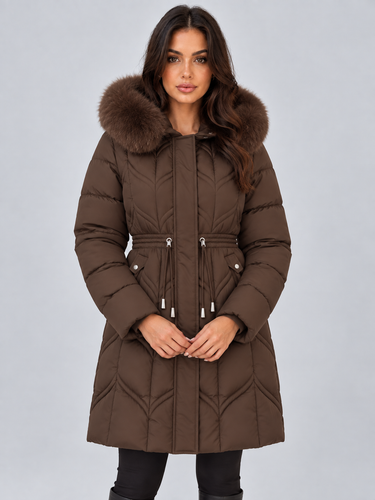 Rear view of the longline puffer coat showing full-length quilted back panel